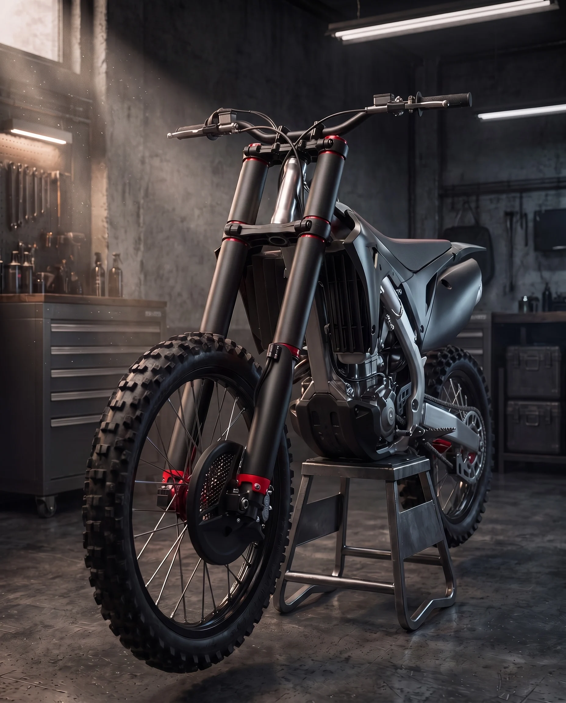Four near-full-coverage RokPro fork guards installed on a dirt bike in a dark workshop