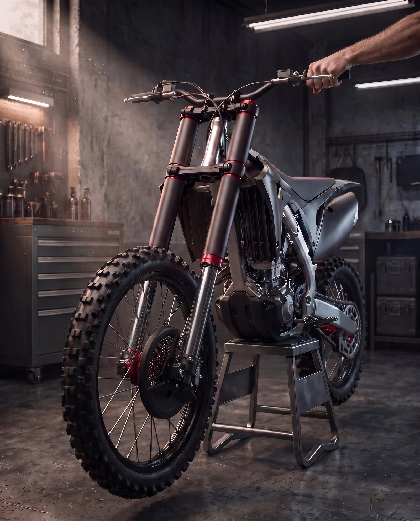 Full dirt bike with four RokPro fork guards installed and a bare hand on the grip