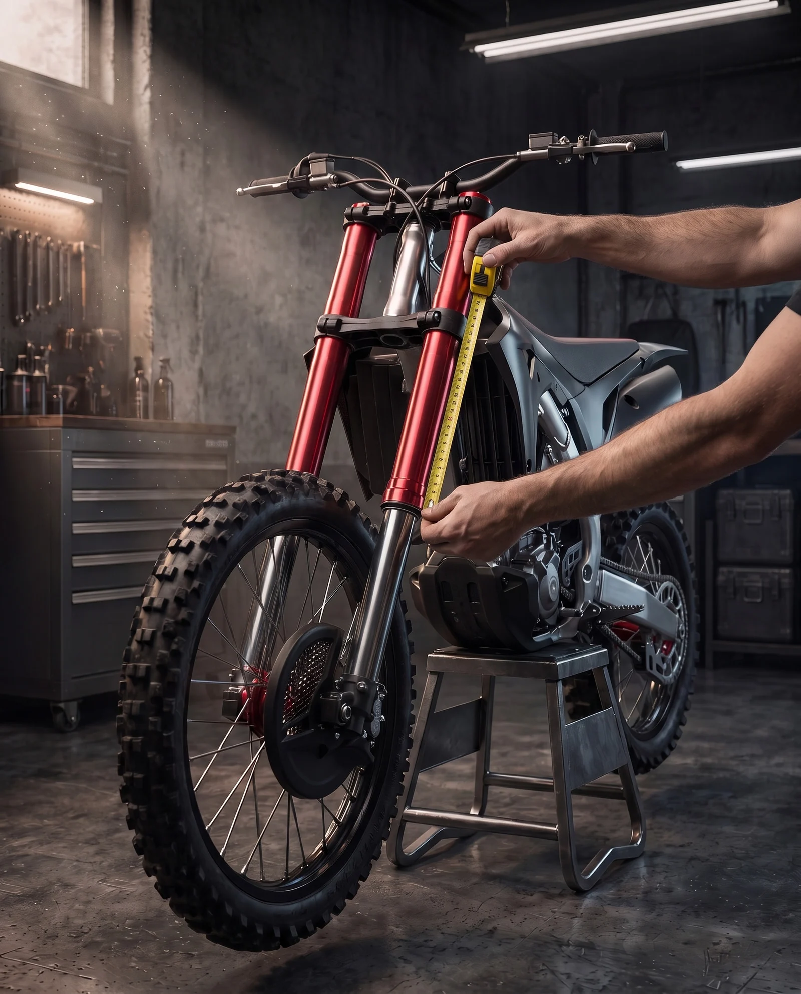 Bare hands measuring the exposed red fork zone on a full dirt bike