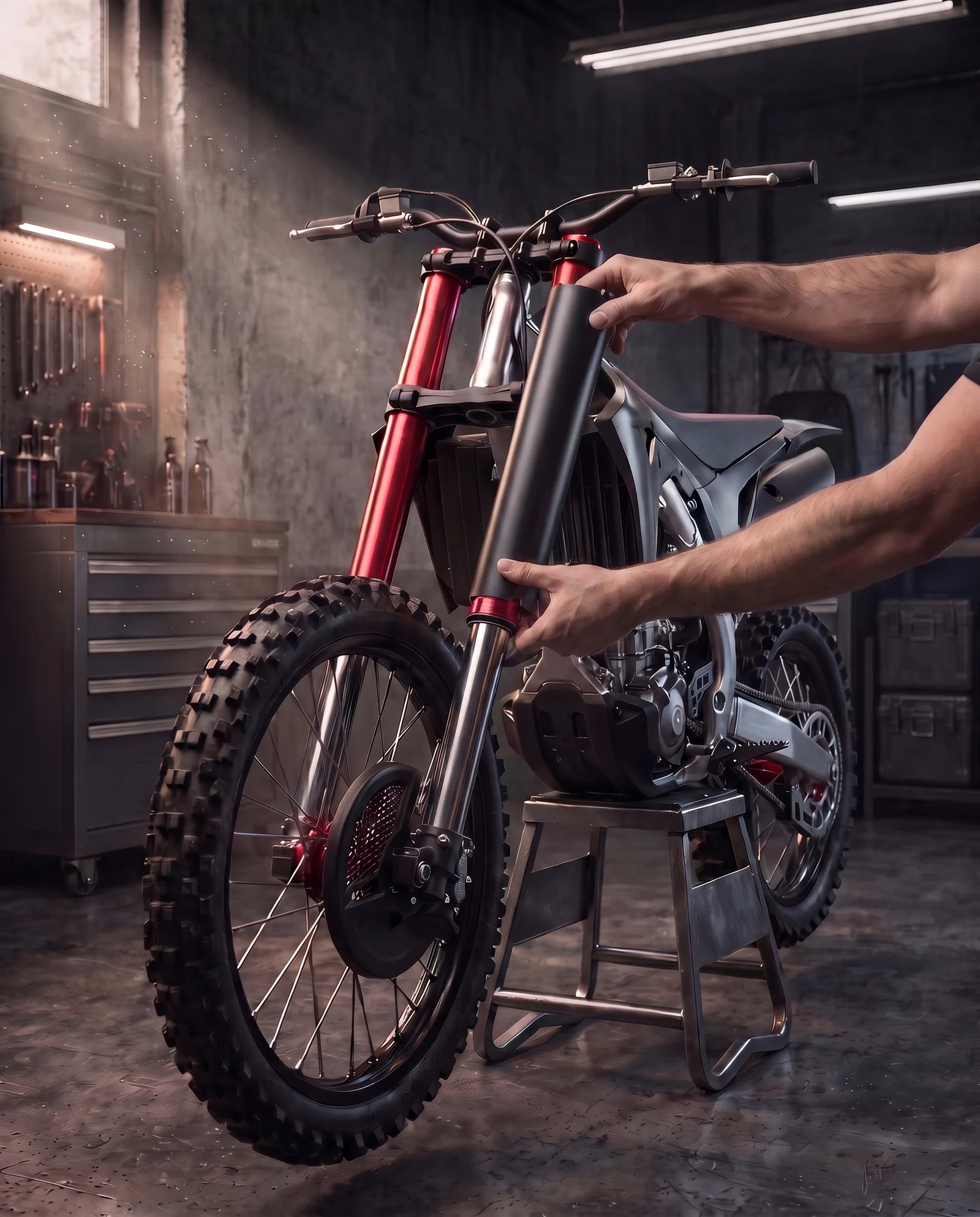 Bare hands pressing a RokPro guard into place on a full dirt bike