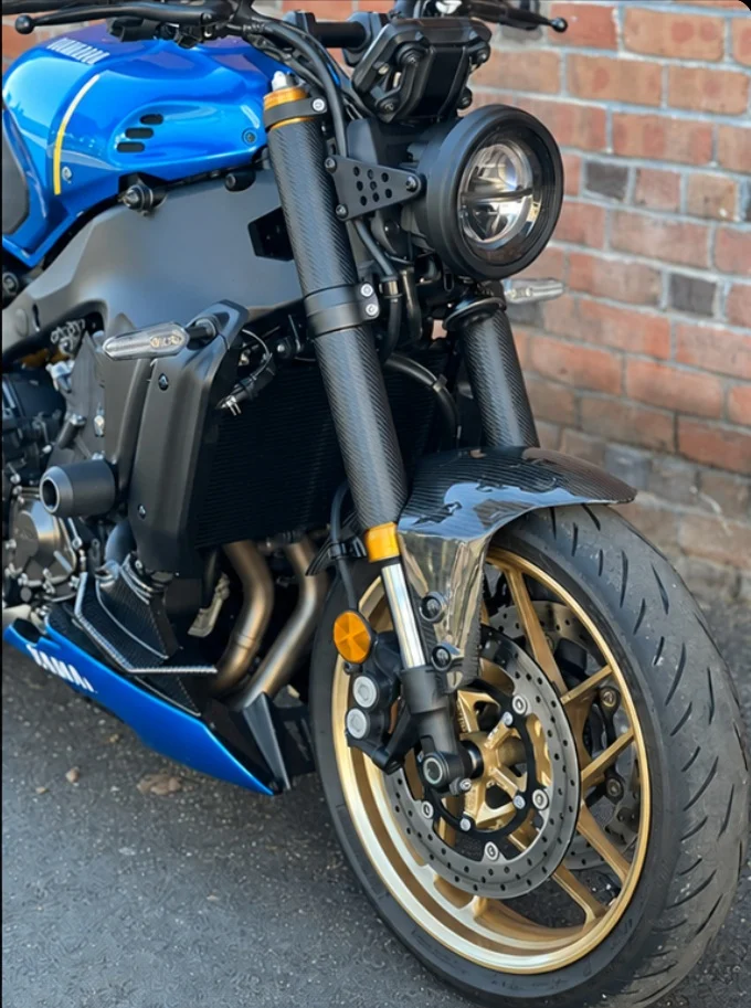 Carbon-look RokPro armor skins installed over the fork guards on a blue street motorcycle
